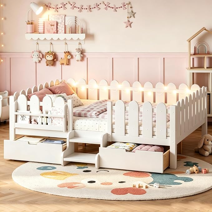 Bellemave Queen Size Platform Bed with Storage Drawers & Bookshelf for Boys Girls, Kids Queen Bed Frame with LED Lights & Stairs for Children's Room, White