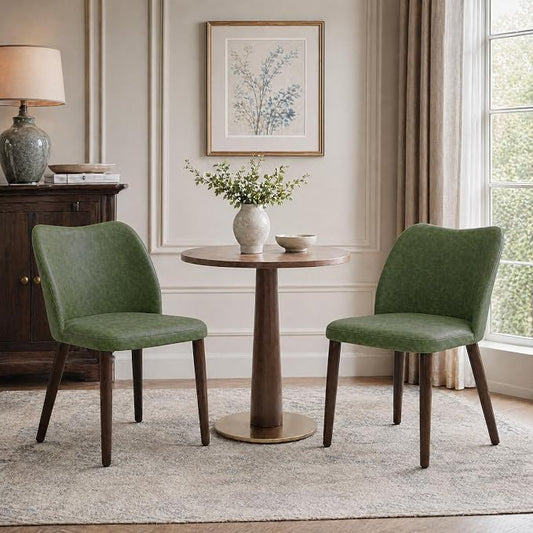 COLAMY Dining Chairs Set of 2, Upholstered Leather Kitchen Chairs with Curved Back, Padded Seat and Solid Wood Legs, Modern Dining Chair for Kitchen Dining Room, Green