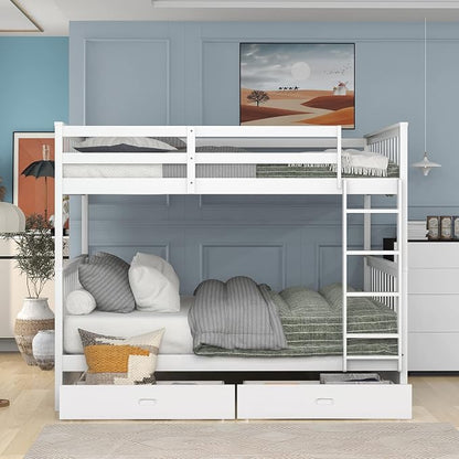 Merax Full-Over-Full Bunk Bed with Two Storage Drawers, Solid Wood Full Size Bunk Bed with Guardrail and Removable Ladder, Can be Converted Into 2 Separate Beds, White