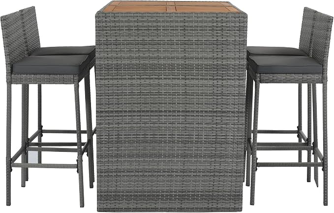 Quarte Modern 5-Piece Outdoor Patio Dining Set, Garden PE Rattan Wicker Bar Set, 4 Bar Height Chairs with Non-Slip Feet and Fixed Rope, Acacia Wood Table Top