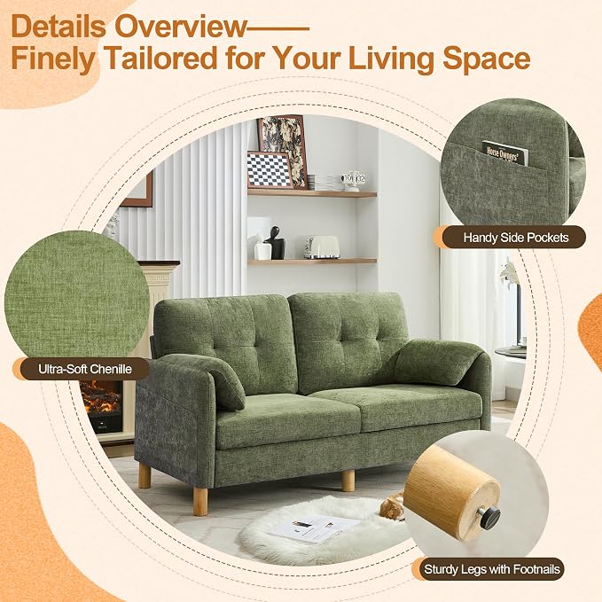 WUTUTUEE 65" Chenille Modern Loveseat Sofa, Upholstered 2-Seater Love Seat Couch with Armrest Pillows, Storage Pockets, Easy Assembly, Tufted Loveseat Couches for Living Room Bedroom, Green