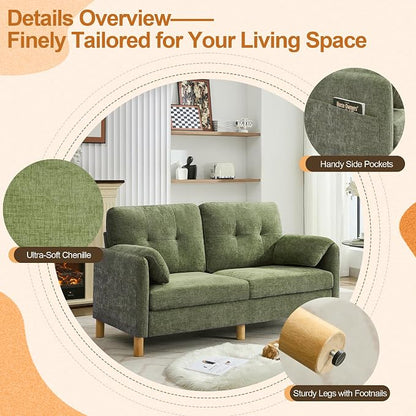 WUTUTUEE 65" Chenille Modern Loveseat Sofa, Upholstered 2-Seater Love Seat Couch with Armrest Pillows, Storage Pockets, Easy Assembly, Tufted Loveseat Couches for Living Room Bedroom, Green