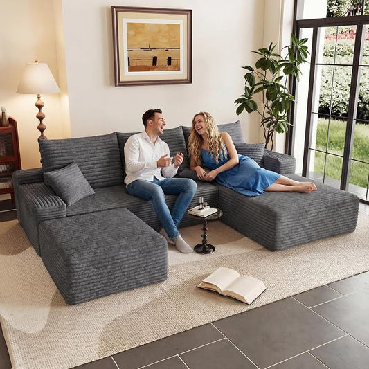 95" Cloud Sectional Couch U-Shaped Chaise with Ottoman, Corduroy Boneless Couch for Living Room Bedroom, Deep-Seat Upholstered Modular Cloud Sofa, No Assembly Required (Grey, Right Facing Chaise)