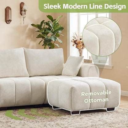 112" L Shaped Modular Sectional Sofa, Beige Chenille Cloud Couch, Modern Upholstered 4 Seater Couch with Removable Ottoman, Tufted Deep Seat & Wood Legs, Sectional Couches for Living Room Apartment