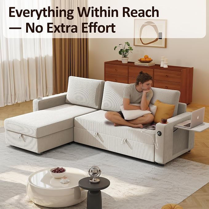 Ball & Cast 80" Sectional Sleeper Sofa Bed Pull Out Couches for Living Room | L Shaped Convertible Pull Out Sofa Bed with Storage Chaise, Foldable Table, USB Port, Cup Holder, Side Pocket for Small Space