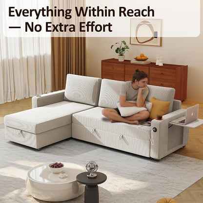 Ball & Cast 80" Sectional Sleeper Sofa Bed Pull Out Couches for Living Room | L Shaped Convertible Pull Out Sofa Bed with Storage Chaise, Foldable Table, USB Port, Cup Holder, Side Pocket for Small Space