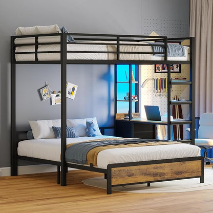 ADORNEVE Twin Over Full Bunk Bed with Desk, Bunk Beds Twin Over Full Size with Charging Station & Led Lights, Storage Drawers & Shelves, Loft Bed with Safety Guardrail & Ladder for Kids/Teens, Black
