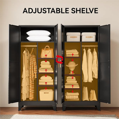COFaR Black Metal Wardrobe Closet, Reversible 2-Section Design with Hanging Rod & Adjustable Shelves, 71" Freestanding Armoire Cabinet with Top Storage Space
