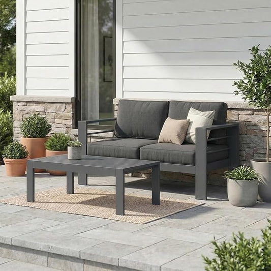 Wisteria Lane Metal Patio Furniture Set for All Weather, Oversized Heavy Duty Outdoor Furniture Set with Upgraded Cushion, Modern Outdoor Patio Loveseat Set for Garden, Balcony, Backyard, Dark Grey