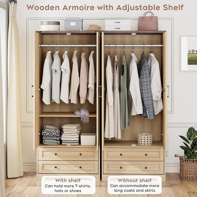 Brafab Armoire Wardrobe Closet with 2 Modern Doors Set of 2, 71" Tall Freestanding Closet Wardrobe Cabinet with Drawers and Hanging Rail, Wooden Storage Cabinet with Shelve for Bedroom, Natural
