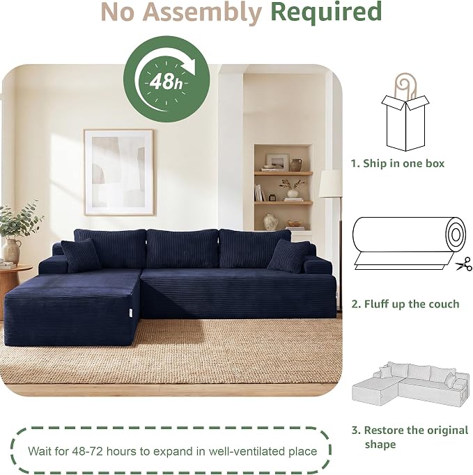 Hobestluk Modular Sectional Sofa Couches L-Shape Couch 3 Seat Modular Sofa Memory Foam Sectional Couches for Living Room, Cloud Couch with Oversized Chaise (Blue Corduroy, 108", Left Hand Facing)