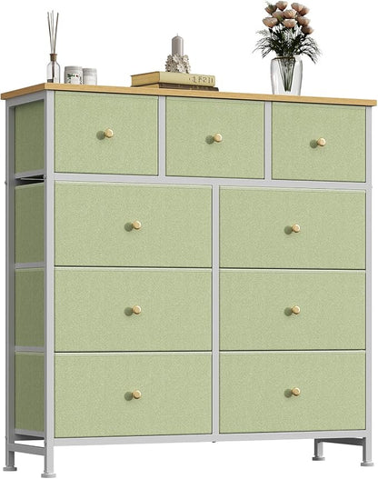 OLIXIS 9 Drawer Storage Dresser with Wood Top - Wide Fabric Chest Organizer for Bedroom, Closet, Living Room,Tower Cabinet, TV Stand, Hallway Entryway Furniture, Light Green