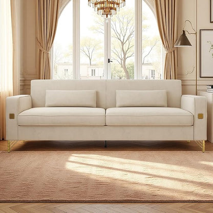 KEIKI 86" Oversized Luxury Velvet Sofa with Armrest and Removable Plush Cushions, Modern Gold Accents 3-Seater Couch with Solid Legs, Easy Assembly, for Living Room, Bedroom, Apartment, Beige