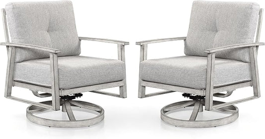 Outdoor Swivel Sofa Chairs Set of 2, Never Rusts All-Aluminum Outdoor Swivel Armchairs Set with Thick Cushions, 2-Piece All Weather Patio Sofa Chairs for Garden, Poolside, Lawn, White Oak