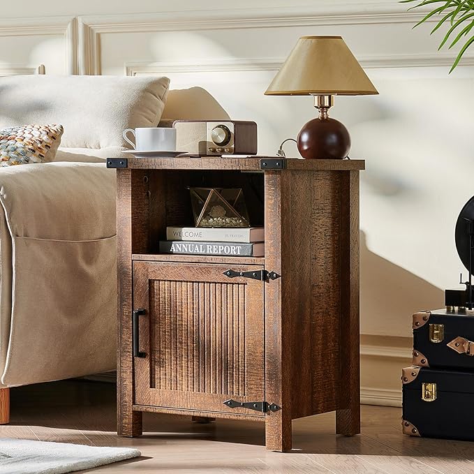 Joaxswe Night Stand with Charging Station and USB Port, 18 Inch Farmhouse Nightstand with Storage Shelf, Rustic Wood Bedside Table with Magnetic Door, Bed Side Tables for Bedroom, Reclaimed Barnwood