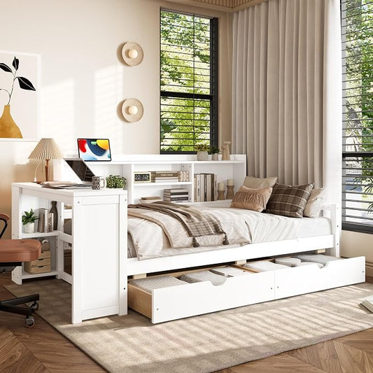 Bellemave Twin Corner Bed Frame with Desk and Storage Shelves,Charging Port, Wood Twin Size Daybed with Bookcase and Drawers, White