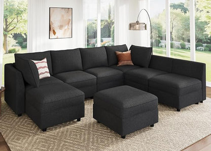 HONBAY Modular Sectional Sofa Couch with Storage, Modern U Shaped Sectional Sofa, Convertible Couches for Living Room - Linen Grey