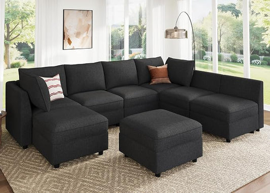 HONBAY Modular Sectional Sofa Couch with Storage, Modern U Shaped Sectional Sofa, Convertible Couches for Living Room - Linen Grey