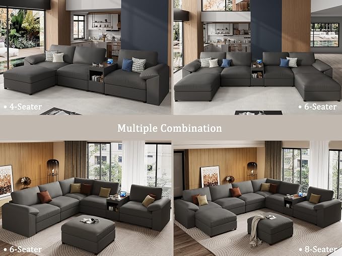 EASE MOOSE Leather Sectional Couch with Console, Oversized Modular Sectional Sofas, Wide Deep Seat Modular Couch, Scratch Resistant Faux Leather Material, L Shaped Sofa for Big Spaces, Grey