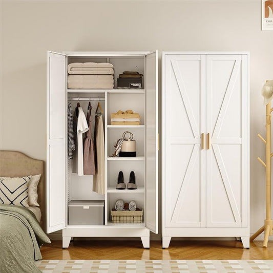 COFaR Metal Armoire Wardrobe Closet with Doors and Shelves & Hanging Rod, 71" Tall Freestanding Wardrobe Storage Cabinet, Bedroom Armoires,Steel Wardrobe Cabinet for Cloak Room,Laundry Room,Gym,Office