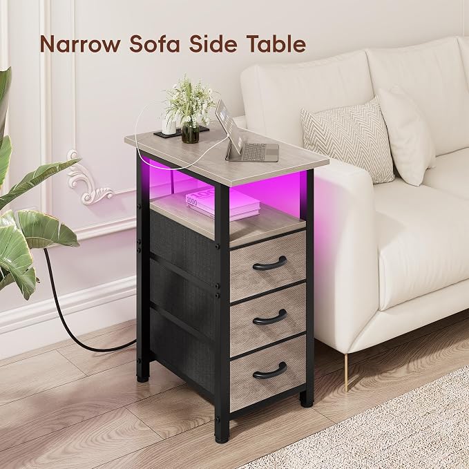 Vagusicc Nightstand with Charging Station and LED Lights, Narrow End Table, LED Night Stand with 3 Fabric Drawers for Bedroom, Small Side Table for Small Spaces, Greige