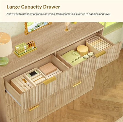 TEENOFN Fluted Dresser for Bedroom with 8 Drawers, 47.2" Wide Modern Chest of Drawers with Metal Handle, Dresser TV Stand, Wood Closet Clothes Storage Organizer for Living Room, Hallway, Natural