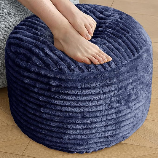 SHOUREN Stuffed Round Ottoman,Corduroy Pouf Ottoman Foot Rest with Foam Filling,Pouf Storage Ottoman Footstool for Living Room,20 X 15 Floor Poufs for Couch,Footrest Only - 20 X 15 Inches,Navy