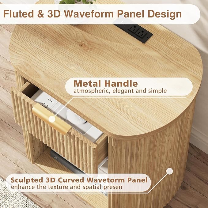 Fluted Nightstands Set of 2 with Charging Station, 23.6" Large Bedside Side Table, Wood End Table with Drawer Storage, Curved Round Corner, Furniture Bedroom Sofa, Mid Century Modern, Farmhouse, Oak