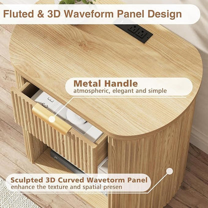 Fluted Nightstands Set of 2 with Charging Station, 23.6" Large Bedside Side Table, Wood End Table with Drawer Storage, Curved Round Corner, Furniture Bedroom Sofa, Mid Century Modern, Farmhouse, Oak