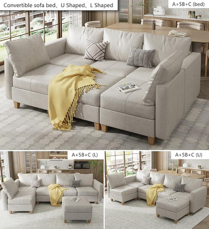 EASE MOOSE Faux Leather Modular Sectional Sofa with Storage, Faux Leather sectional Couch Convertible Sleeper Modular Sofa