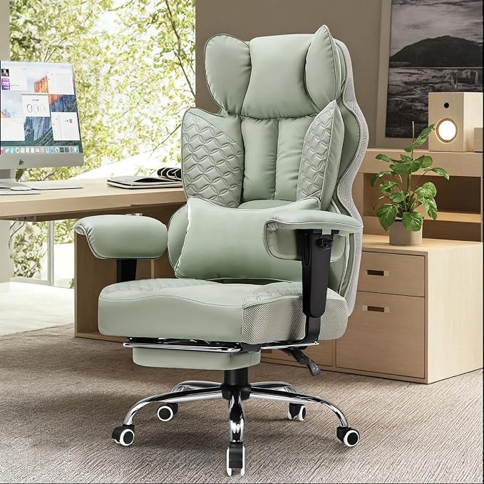 GTPLAYER Big and Tall Gaming Chair 400lbs Heavy Duty Office Chair with Foot Rest & Ergonomic Pocket Spring Lumbar Support, High Back 3D Saddle Shaped Cushion for Back Pain Relief, Green