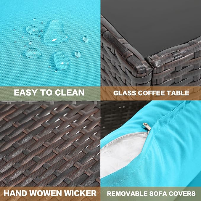 MOCHITO 7 Pieces Outdoor Patio Furniture Sets, All-Weather Sectional Sofa Dark Brown PE Rattan Wicker Conversation Set with Glass Table and Washable Turkish Cushions for Backyard,Sunroom,Garden,Porch
