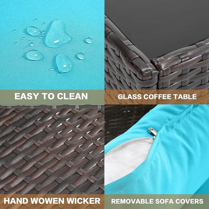 MOCHITO 7 Pieces Outdoor Patio Furniture Sets, All-Weather Sectional Sofa Dark Brown PE Rattan Wicker Conversation Set with Glass Table and Washable Turkish Cushions for Backyard,Sunroom,Garden,Porch
