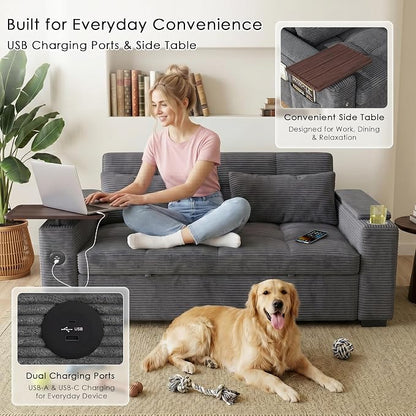 65'' Sleeper Sofa Bed, Pull Out Couch with 360° Swivel Side Table | USB Port | Cup Holder | Adjustable Backrest, Loveseat Corduroy Fabric for Living Room, Apartment, Office (Darkgray)