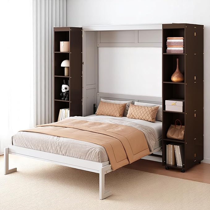 MERITLINE Folding Hidden Queen Murphy Bed Cabinet with Storage Bookcase Bookshelf, Wood Murphy Wall Bed with Storage Shelves Cabinet for Adults (Espresso)