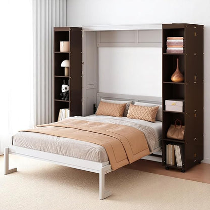 MERITLINE Folding Hidden Queen Murphy Bed Cabinet with Storage Bookcase Bookshelf, Wood Murphy Wall Bed with Storage Shelves Cabinet for Adults (Espresso)