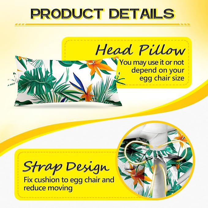 MAGIC ELEPHANT Egg Chair Cushion, Memory Foam Hanging Egg Chair Cushion Replacement, Indoor Outdoor Hammock Basket Swing Cushion with Headrest (Tropical Monstera)