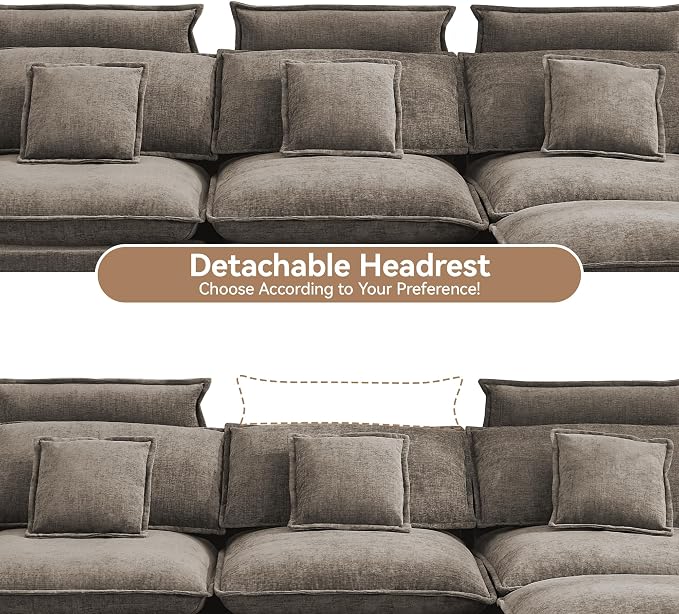 103'' Cloud Modern 3 Seater Couch with Detachable Headrest, Modular Sectional Sofa with Ottomant, Oversized L Shape Chenille Comfy Sofa with Armrests for Living Room, Brown