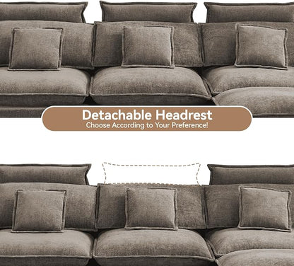 103'' Cloud Modern 3 Seater Couch with Detachable Headrest, Modular Sectional Sofa with Ottomant, Oversized L Shape Chenille Comfy Sofa with Armrests for Living Room, Brown