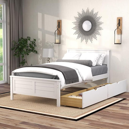 GOFLAME Twin Size Bed Frame with 2 Drawers, Platform Bed with Solid Wood Headboard & Footboard, Wood Slats Support Mattress Foundation, Under Bed Storage, No Box Spring Needed, Easy Assembly, White