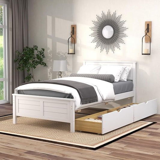 GOFLAME Twin Size Bed Frame with 2 Drawers, Platform Bed with Solid Wood Headboard & Footboard, Wood Slats Support Mattress Foundation, Under Bed Storage, No Box Spring Needed, Easy Assembly, White