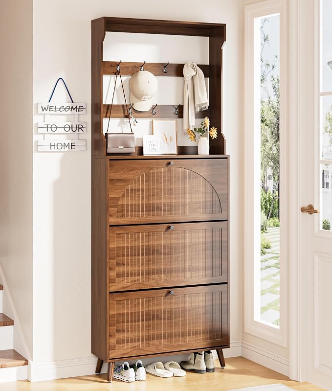Fsbecl Shoe Cabinet for Entryway with 3 Flip Drawers & Coat Rack, Narrow Hidden Shoe Storage Cabinet with Fluted Panel, 2-in-1 Hall Tree Slim Freestanding Shoe Rack Organizer for Hallway, Walnut