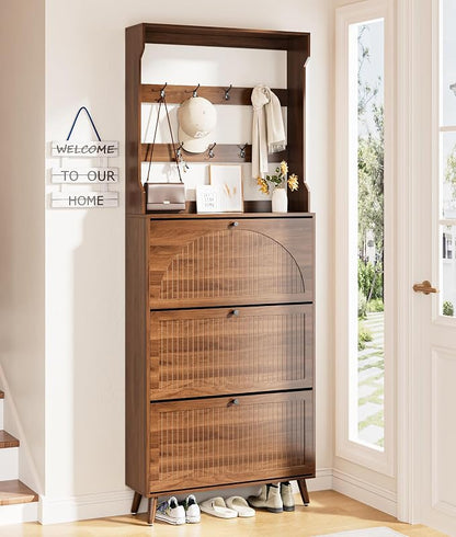 Fsbecl Shoe Cabinet for Entryway with 3 Flip Drawers & Coat Rack, Narrow Hidden Shoe Storage Cabinet with Fluted Panel, 2-in-1 Hall Tree Slim Freestanding Shoe Rack Organizer for Hallway, Walnut