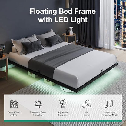 Novilla Floating Bed Frame with LED Lights, Modern Platform Full Size Bed Frame with Mattress Slide Stopper, Easy Assembly, No Box Spring Needed, Noise Free