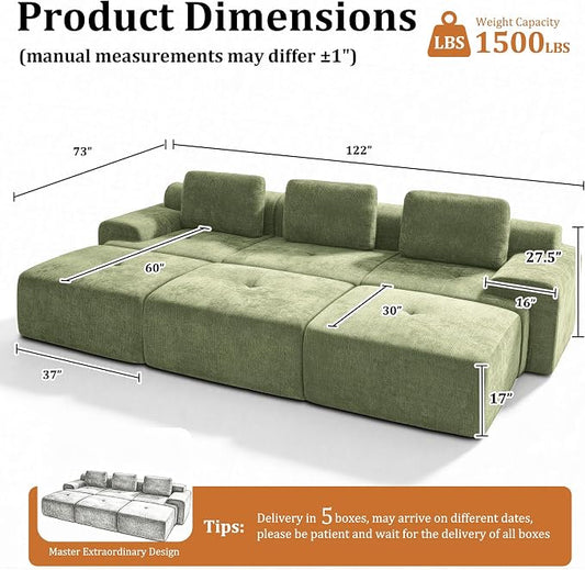 122" Oversized Boneless Couch, Comfort Cloud Sectional Couches for Living Room, Modular Sofa High Back & Extra Deep Seat, No Assembly, Soft Chenille Fabric (Olive Green, 122 inch-（3+3）)