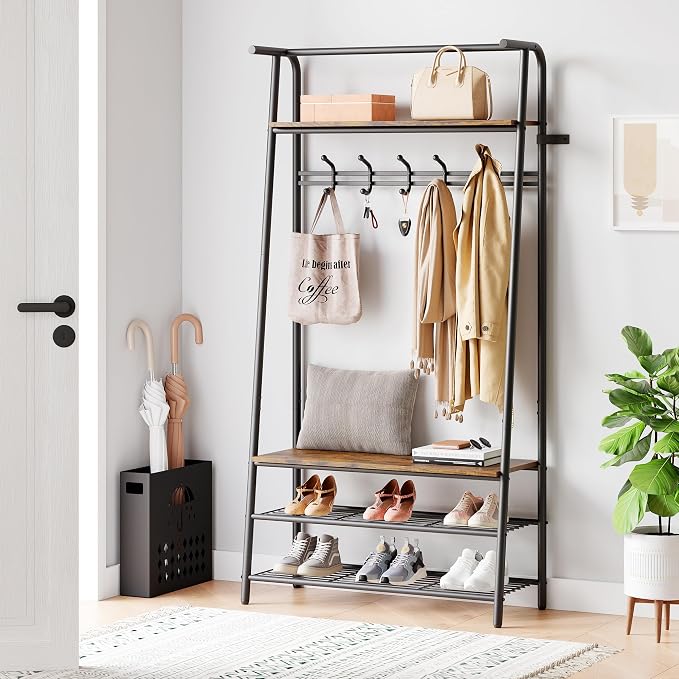 MDF Hall Tree with Bench, 4-in-1 Entryway Coat Rack with Storage Shelf & Shoe Organizer, Sturdy Freestanding Furniture for Living Room, Bedroom, Mudroom