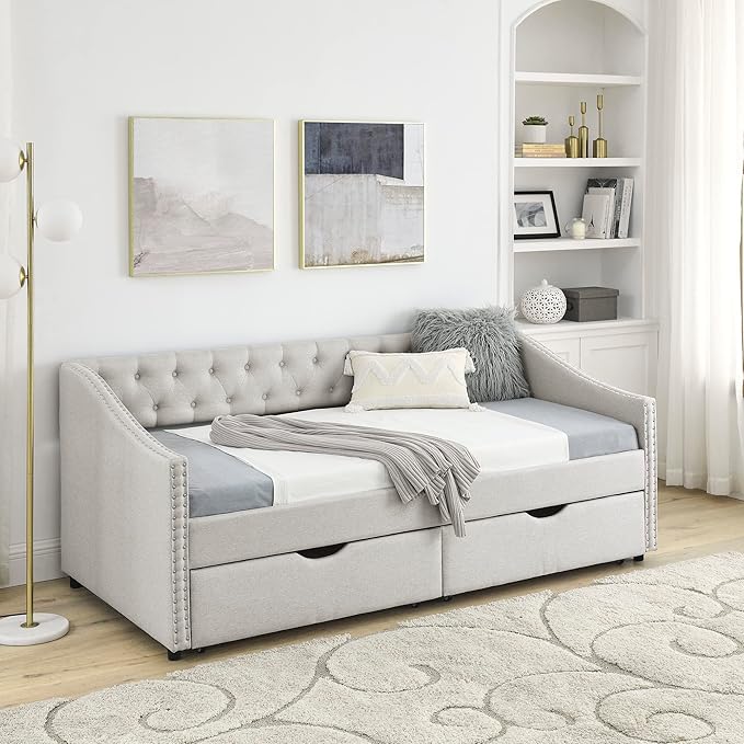 KEIKI Twin Size Upholstery Daybed with 2 Drawers and Headboard, Mid-Century Style Tufted Sofa Bed with Button on Back, Easy Assembly, No Box Spring Required, for Living Room and Bedroom, Beige