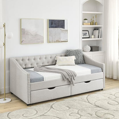 KEIKI Twin Size Upholstery Daybed with 2 Drawers and Headboard, Mid-Century Style Tufted Sofa Bed with Button on Back, Easy Assembly, No Box Spring Required, for Living Room and Bedroom, Beige