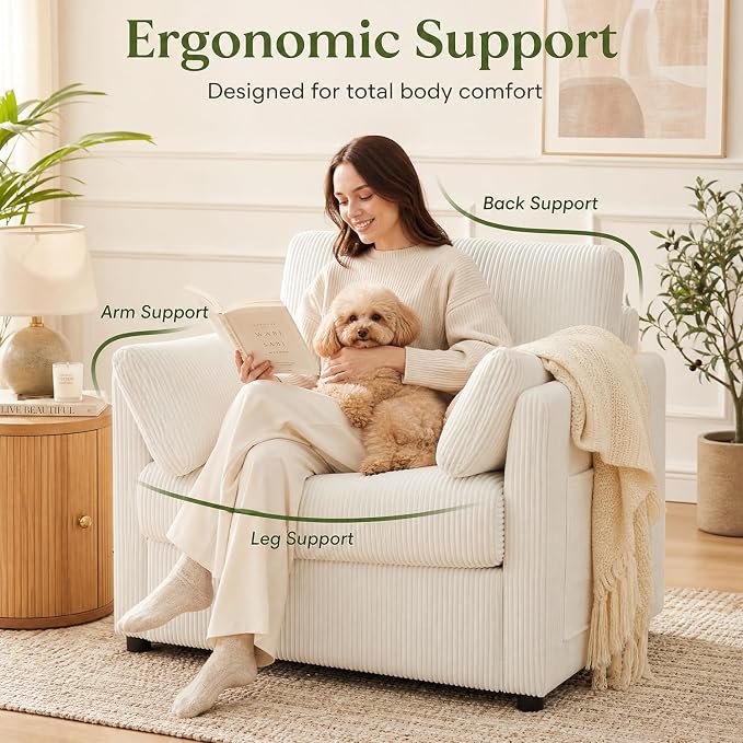 38" Modern Accent Chair, Corduroy Chair with Soft Pillows and Side Pockets, Comfy Single Reading Chairs for Living Room, Bedroom Beige