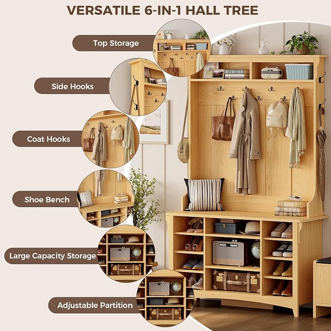IRONCK 80" H 47" W Large Hall Tree with Bench and Shoe Storage, 6-in-1 Entryway Bench with Coat Rack, Adjustable Shelf, Hanging Hooks, 11 Shoe Cubbies, 2-Tier Top Storage for Entryway and Bedroom, Oak